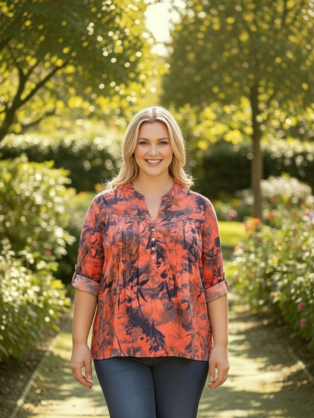 Cocomo Orange Floral Roll-Tab Tunic Top